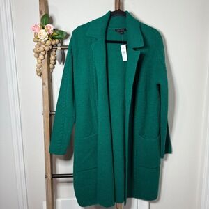 Ann Taylor Green Textured Knit Long Open Front Cardigan Sweater Size Small